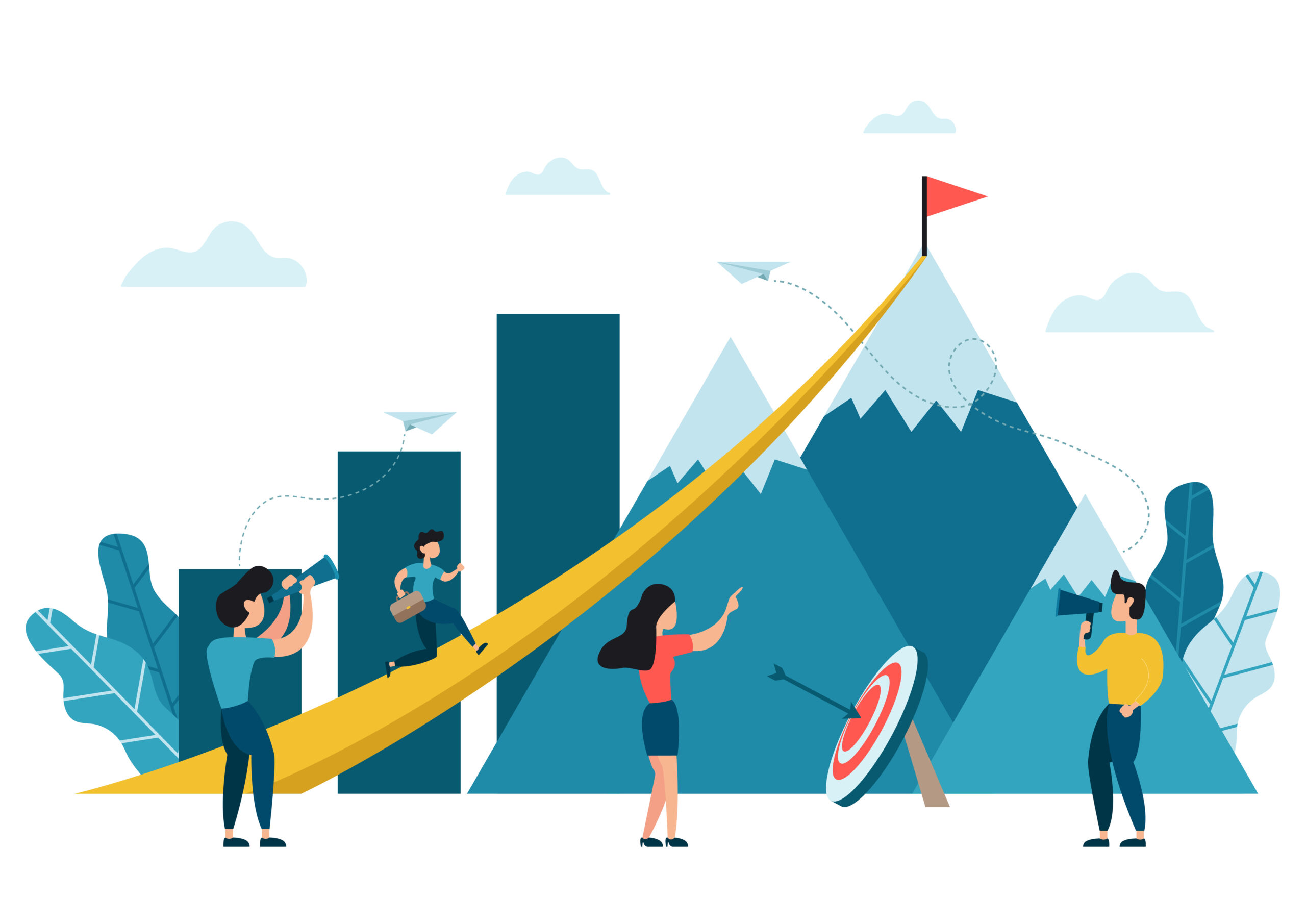 Vector illustration, people run to their goal on the peak of the mountain with the graphs and arrow target, move up motivation, the path to the target's achievement, mission and vision. stock Vector illustration, people run to their goal on the peak of the mountain with the graphs and arrow target, move up motivation, the path to the target's achievement, mission and vision. stock