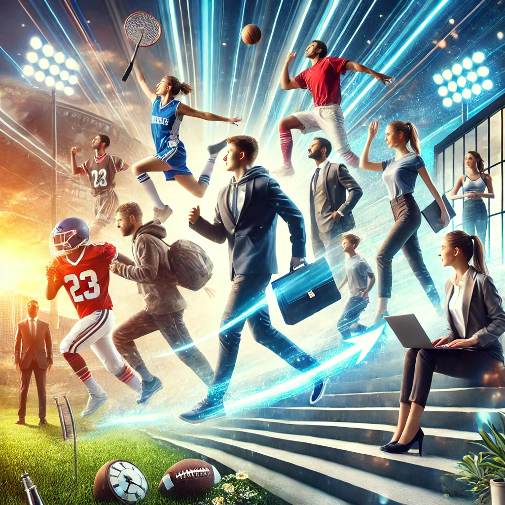 DALL·E 2025-01-13 18.07.58 - A dynamic and inspiring scene depicting student-athletes transitioning into professional careers. The image showcases diverse individuals dressed in a DALL·E 2025-01-13 18.07.58 - A dynamic and inspiring scene depicting student-athletes transitioning into professional careers. The image showcases diverse individuals dressed in a