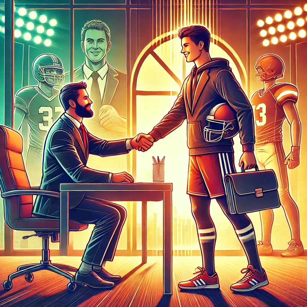 DALL·E 2025-01-13 19.19.40 - An engaging and professional illustration of a business owner hiring a student-athlete. The scene features a handshake between a business owner in for DALL·E 2025-01-13 19.19.40 - An engaging and professional illustration of a business owner hiring a student-athlete. The scene features a handshake between a business owner in for